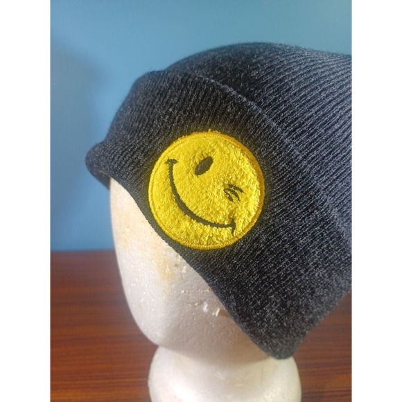 Black Beanie Hat Winking Emoji Fuzzy Face SG FOOTWEAR One Size Cuffed - Picture 3 of 14